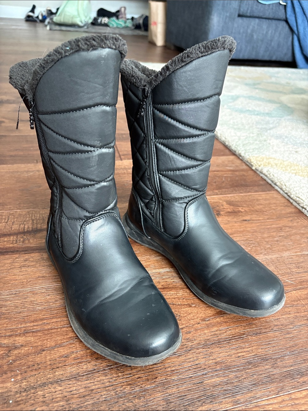 Totes Black Quilted Mid-Calf Winter Boots with Fleece Trim